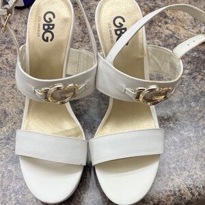 GBG Los Angeles Cream Sandals with Gold Accents